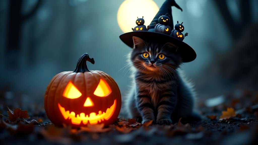 Spooky Adorable Halloween Cat with Witch Hat