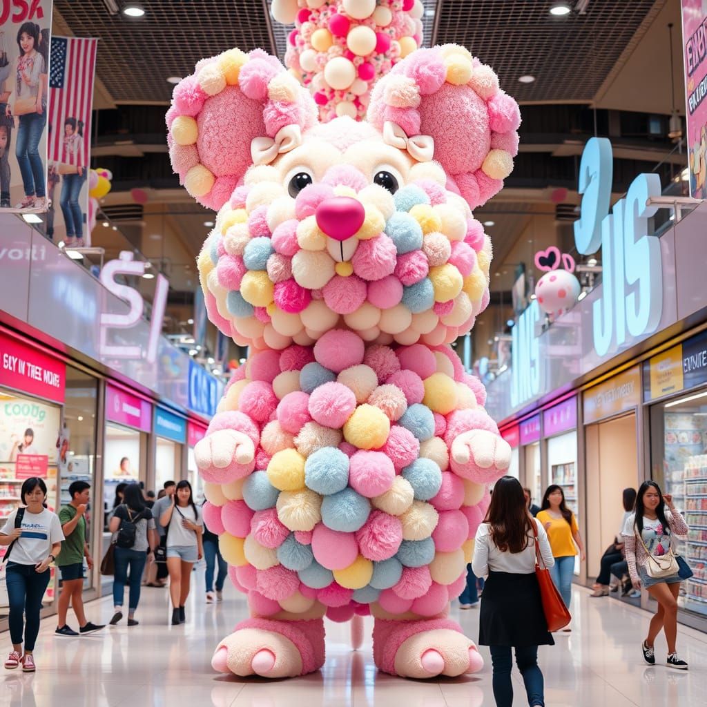 Pastel Pom Pom Mouse Mascot in Shopping Mall