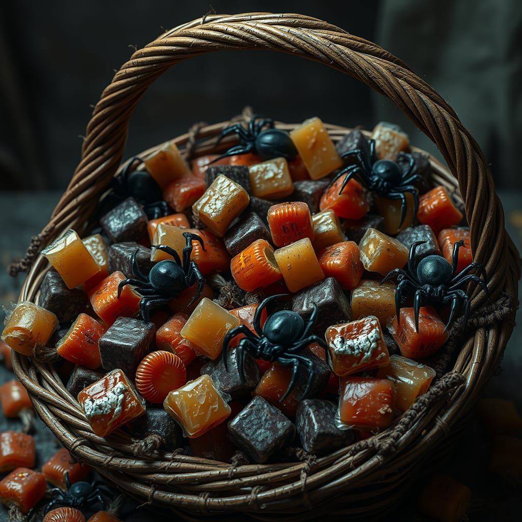 Halloween Candy Basket With Living Spiders