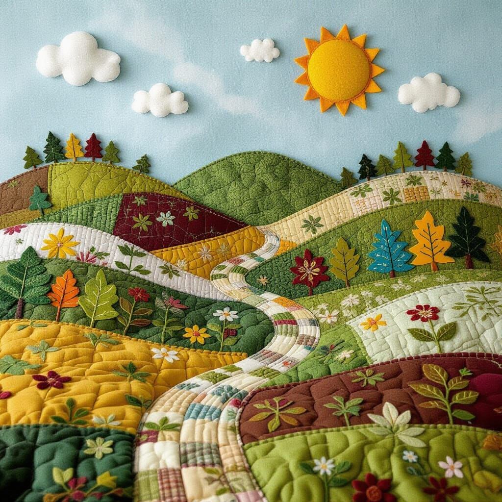 Giant Quilt Landscape with Button Sun