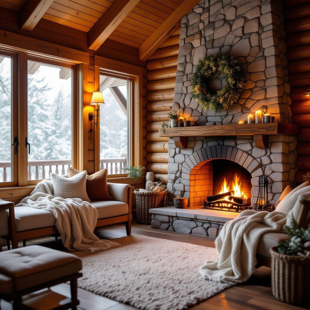 Cozy Cabin Scene with Fireplace and Warm Blankets