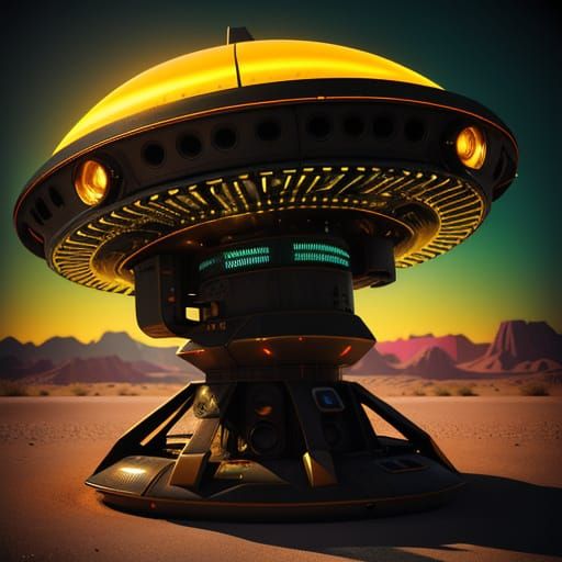 Alien Builds UFO From Car in Retro-Futuristic Art