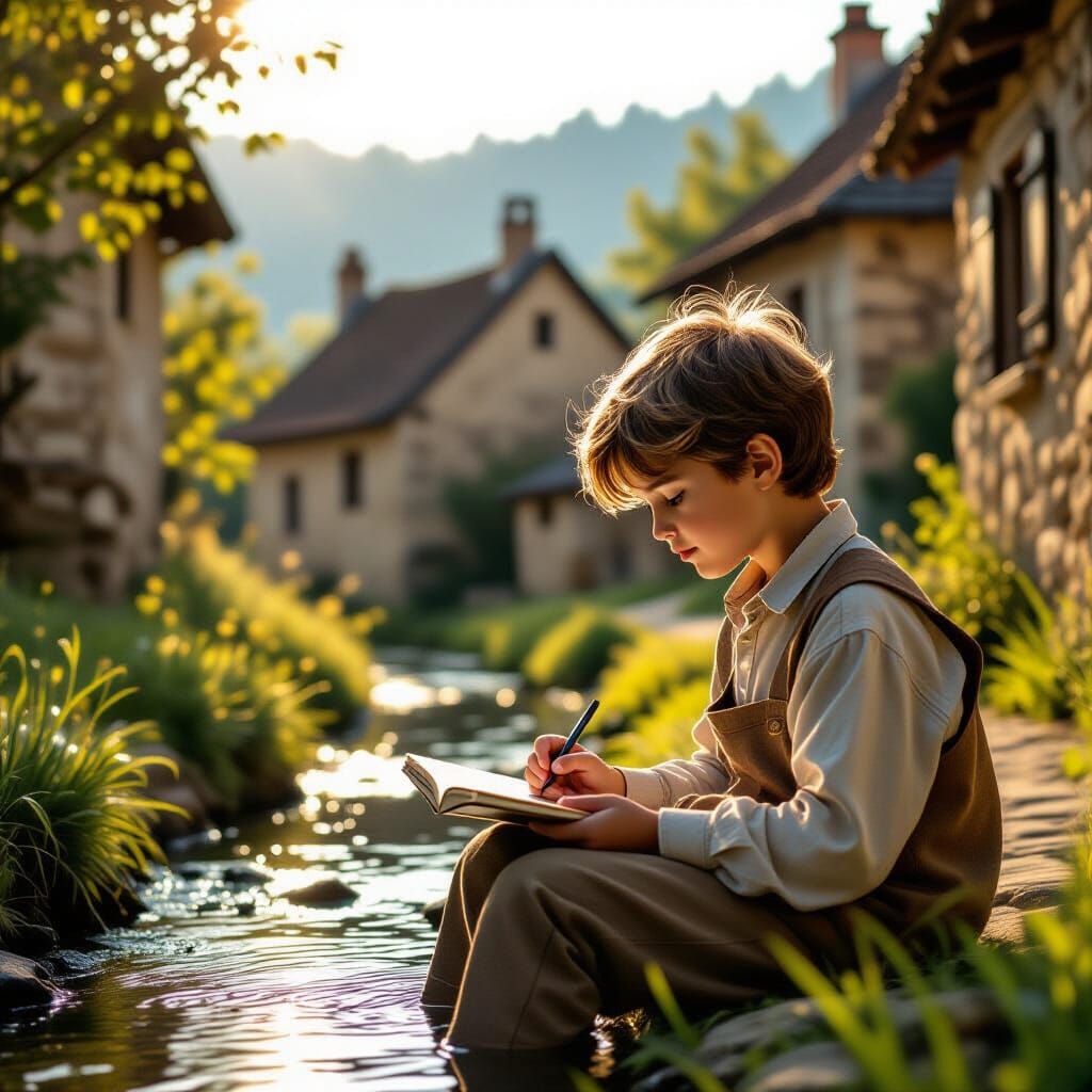 Boy Sketching in Sun-Drenched Village