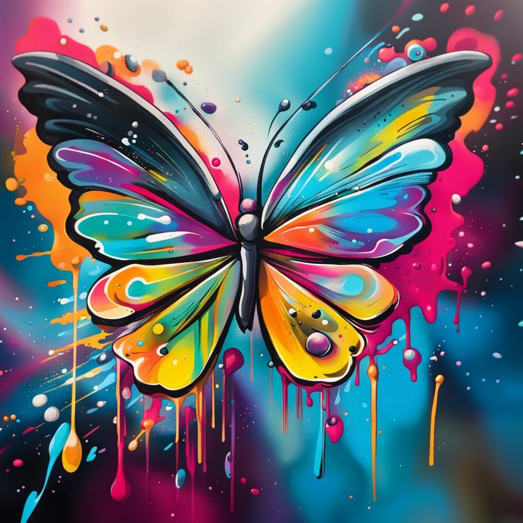Colorful Butterflies in Flight as Graffiti Art