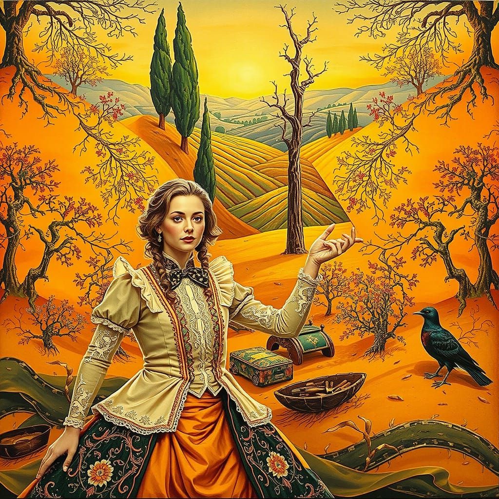 Idyllic French Countryside with Antique Figure