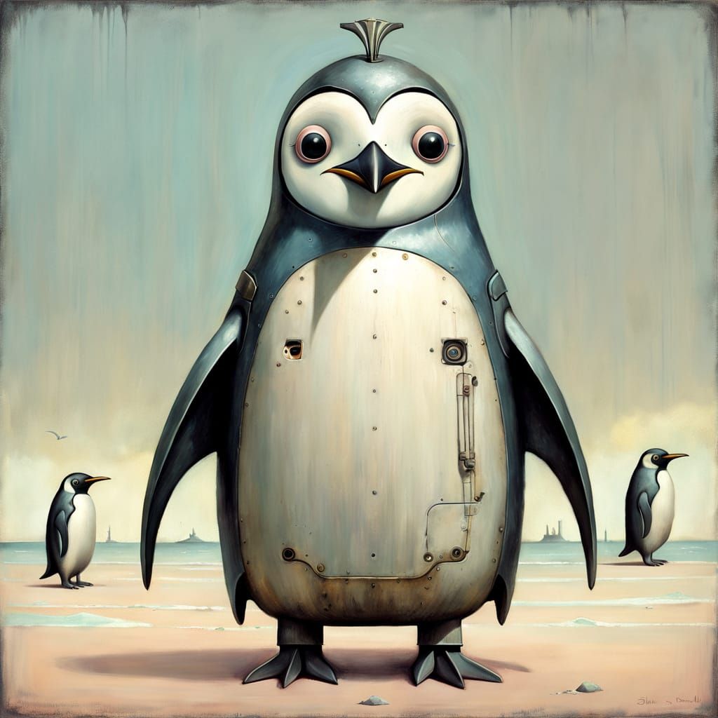 Surreal Mechanical Penguin Painting with Whimsical Elements
