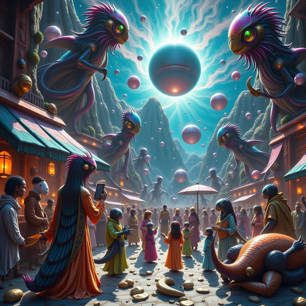 Floating Bazaar in Gas Giant Rings: Sci-Fi Scene