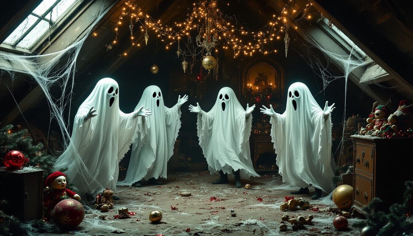 Ghosts Celebrate Christmas in a Dusty Attic