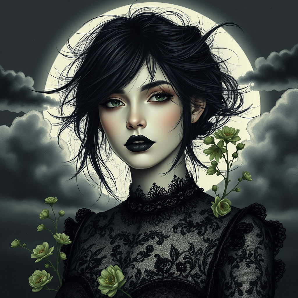 Gothic Woman Portrait with Moonlit Sky