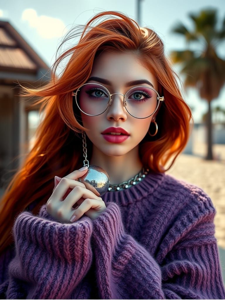 A young woman stands prominently, her face strikingly framed by voluminous, tousled very long red  hair that cascades so...