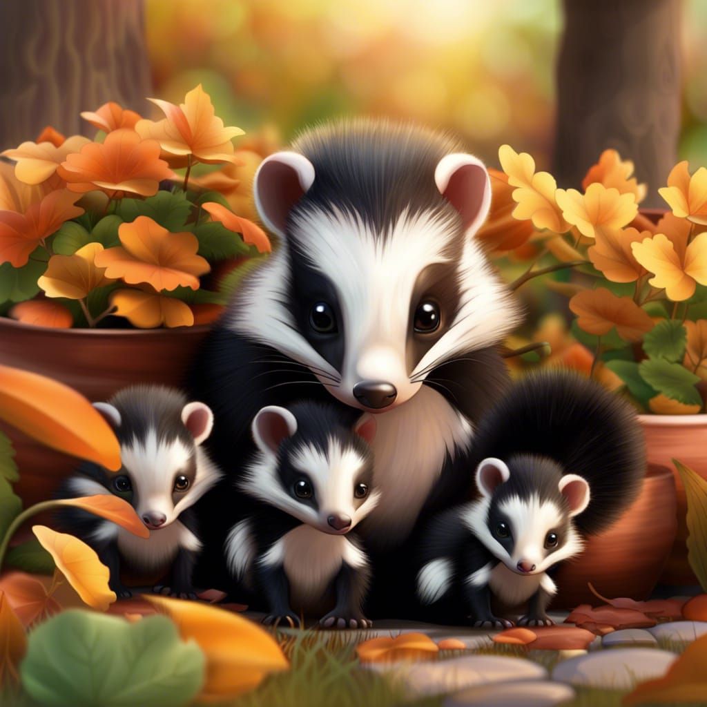 Adorable Baby Skunk Family in Autumn Backyard