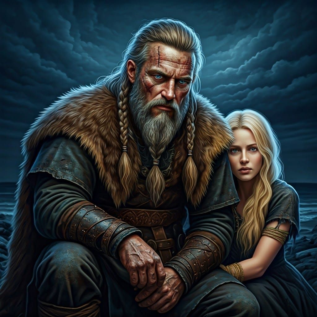 Battle-Scarred Viking Warrior in Moody Nighttime Scene