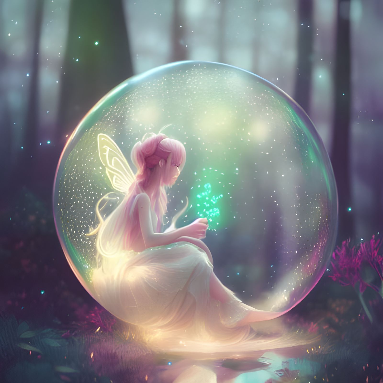 Ethereal Fairy in Bubble with Luminous Crystals