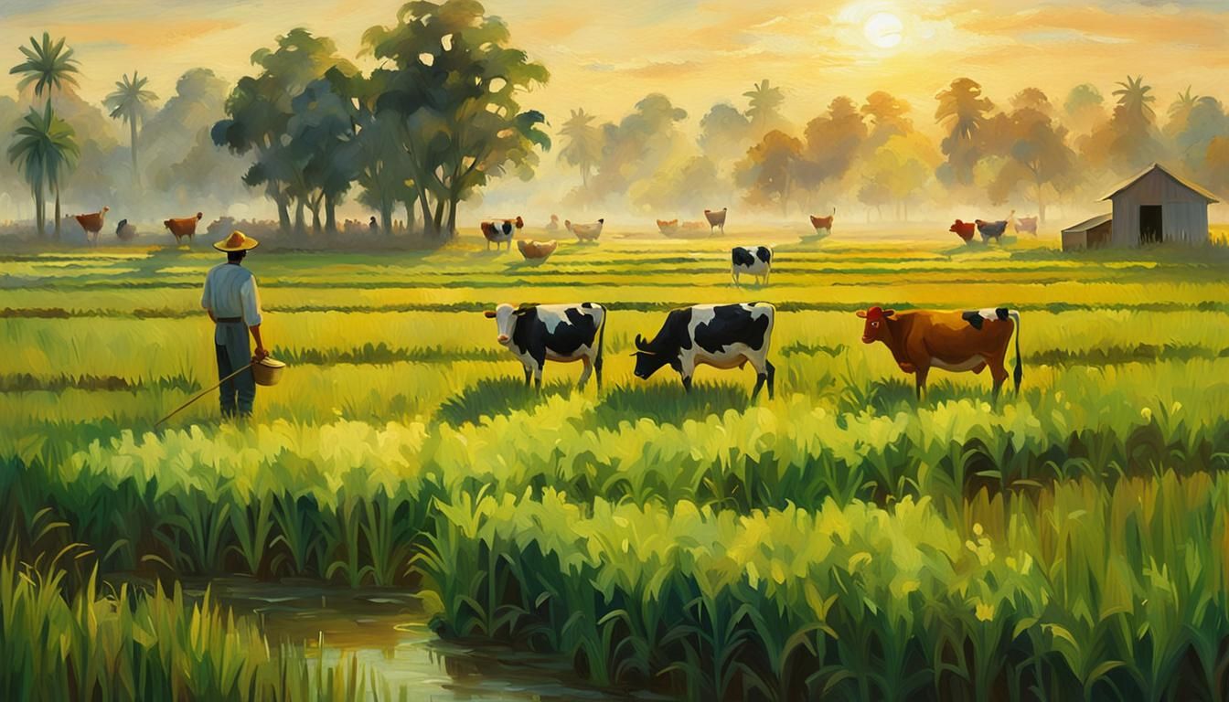 Idyllic Farmer's Meal in Impressionistic Rice Field