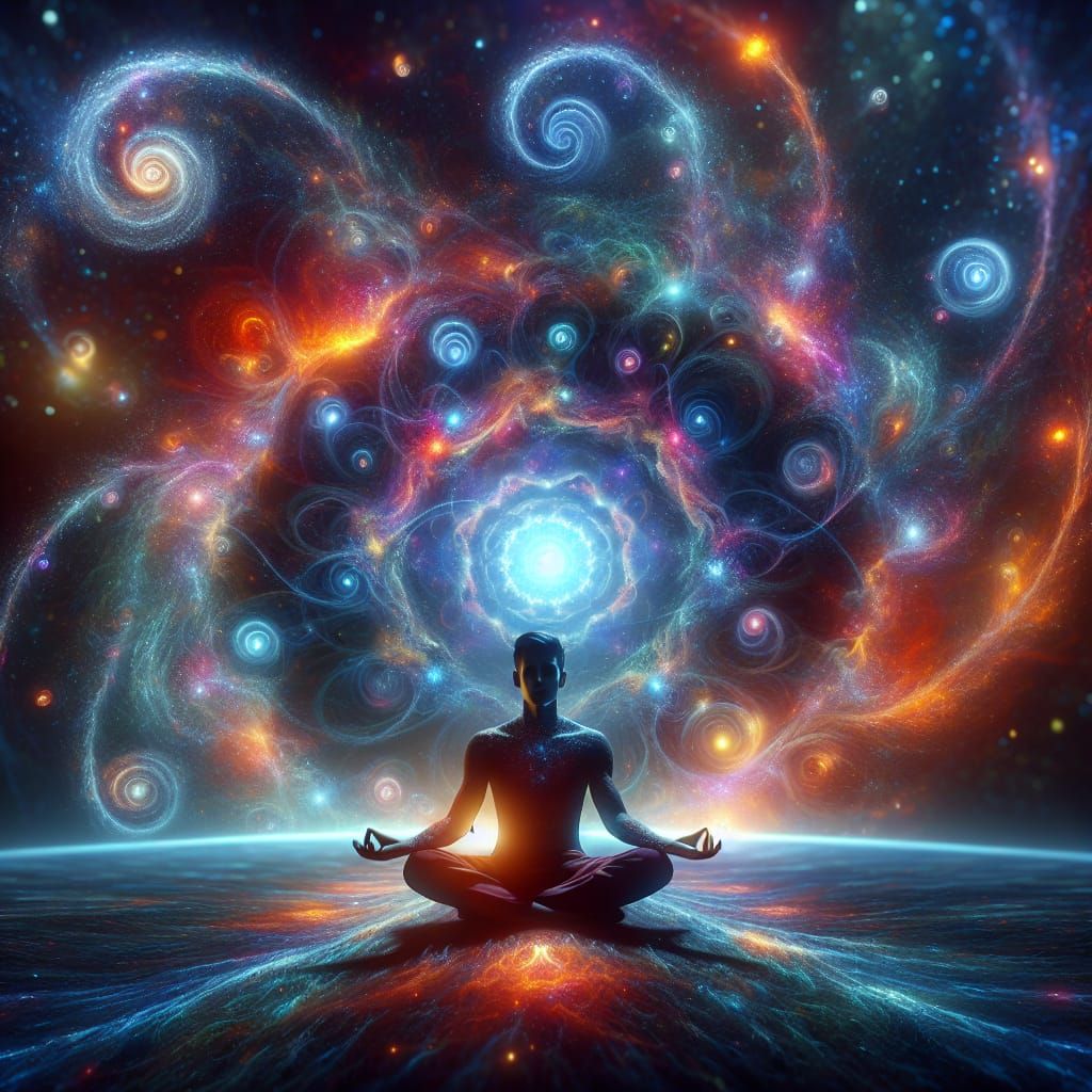 Meditator Surrounded by Universal Energy in Digital Painting