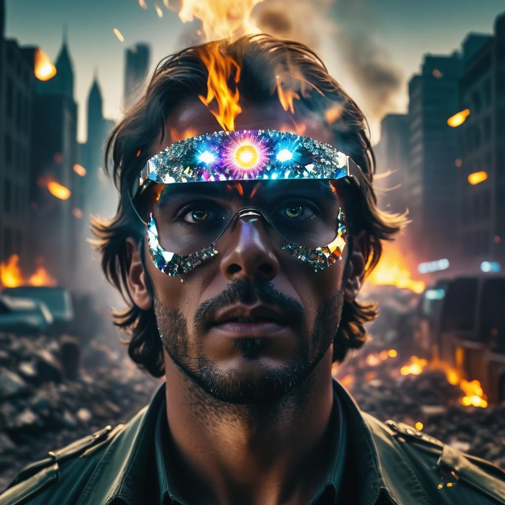 Meditating Man with Third Eye in Burning City