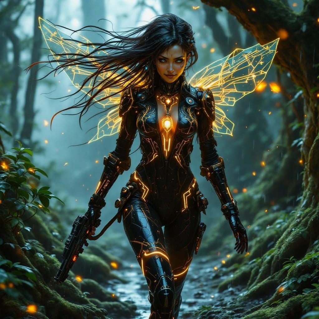 Cyberpunk Fairy Amidst Neon Bioluminescent Forest