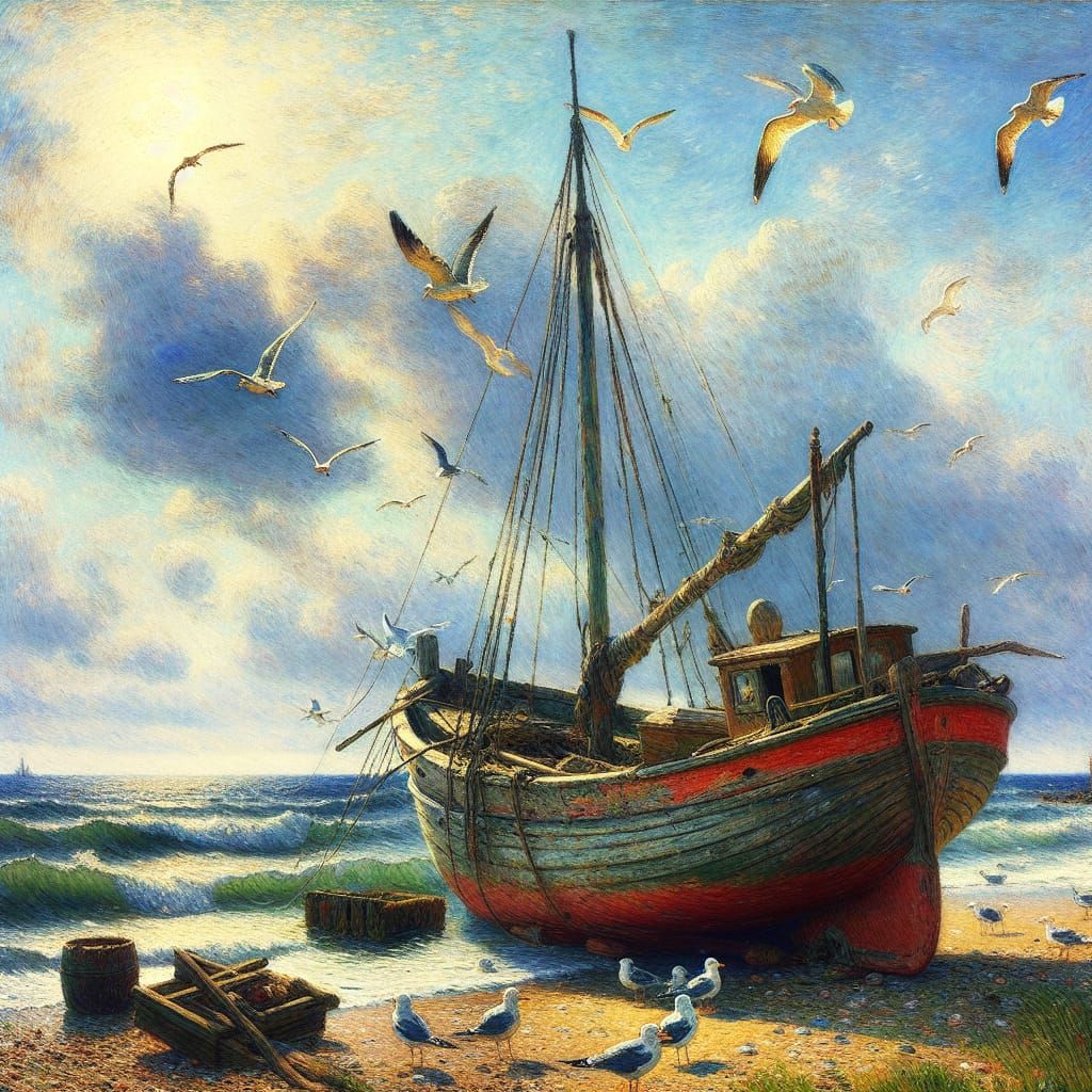Impressionist Seascape: Fishing Boat Wreck on Beach