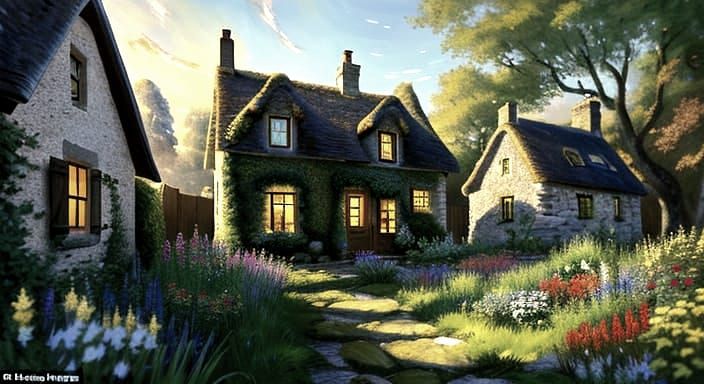 Thomas Kinkade Style Cottage Landscape