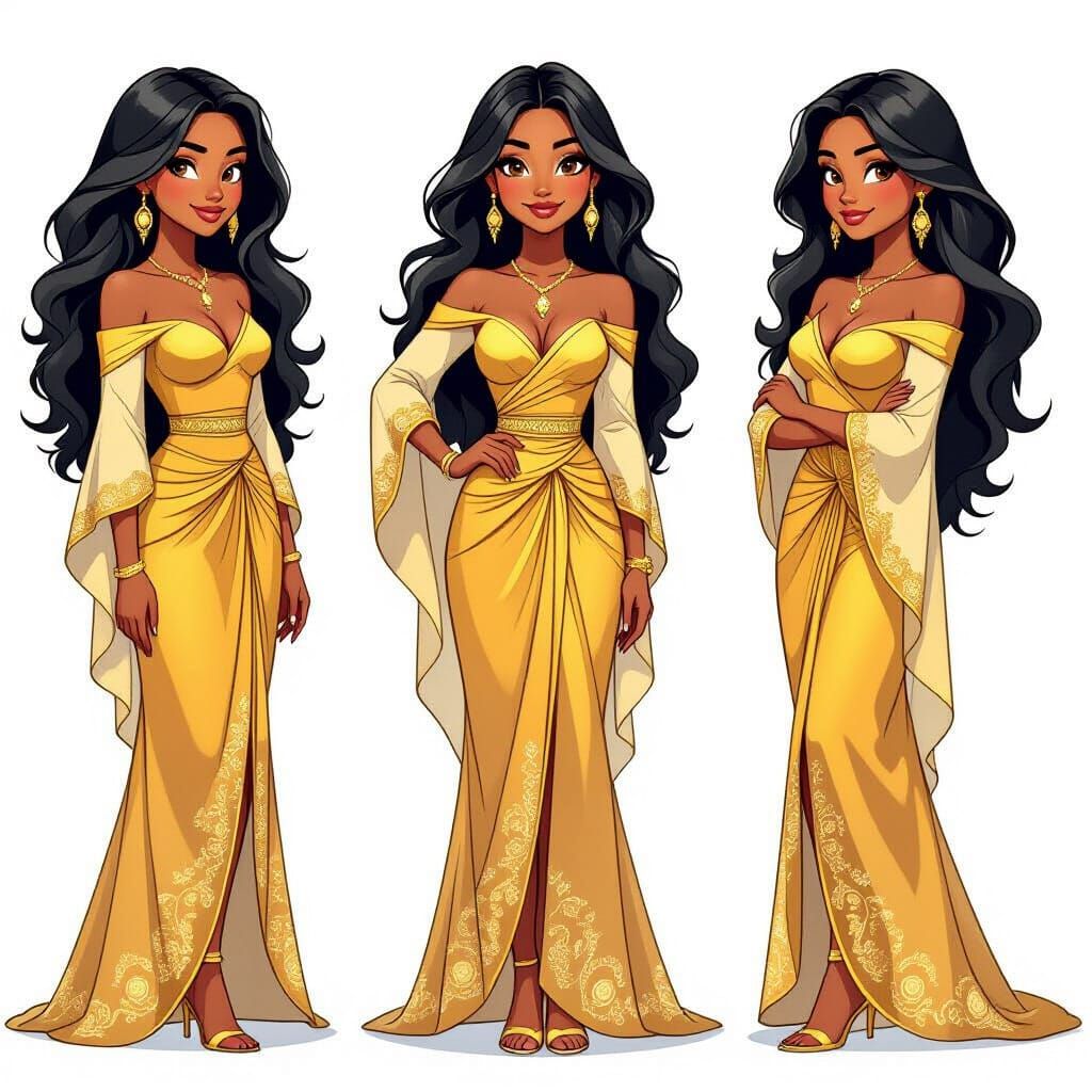 Animated Woman in Gold Gown, Disney Anime Style
