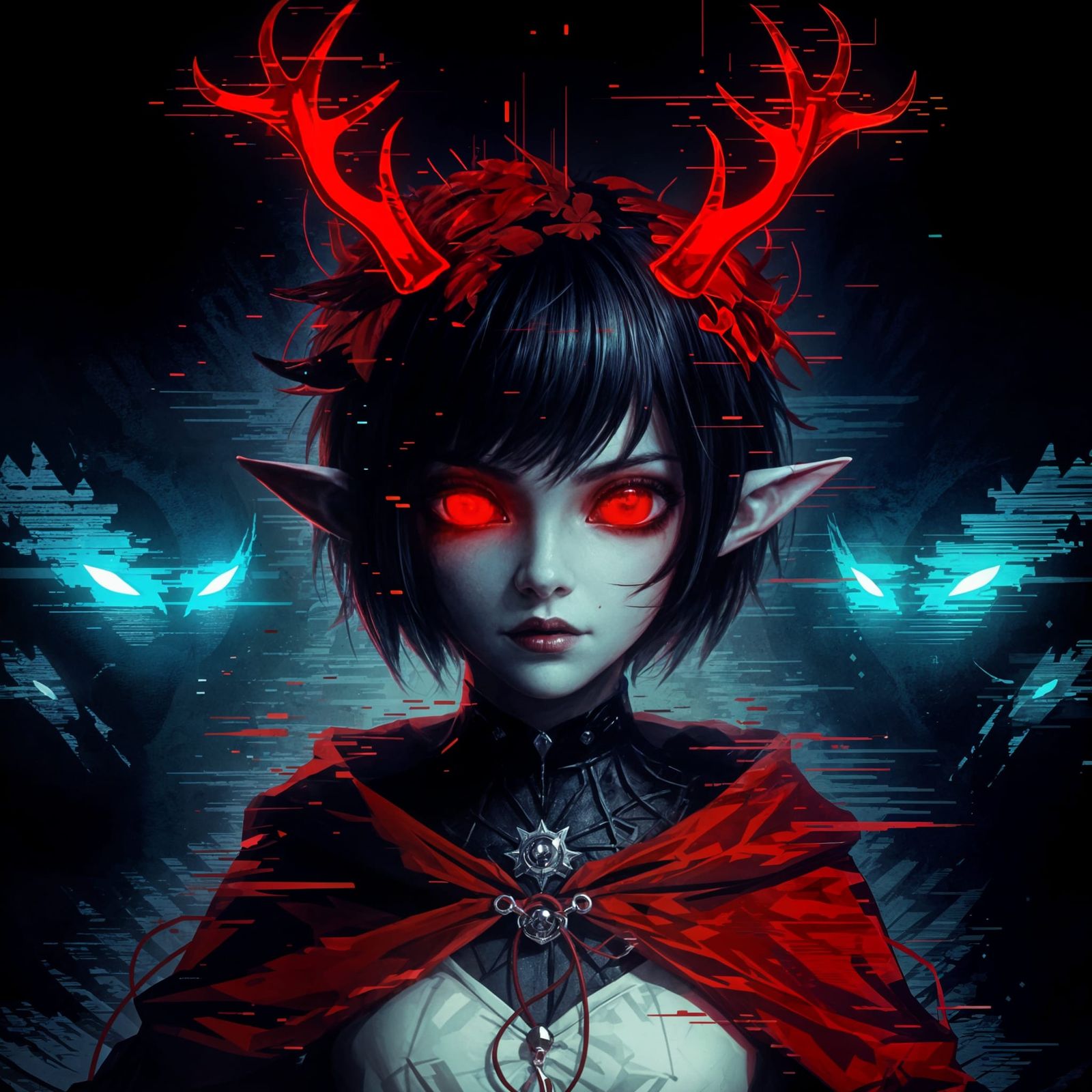Glitchcore Horror Portrait of Elf with Demon Eyes