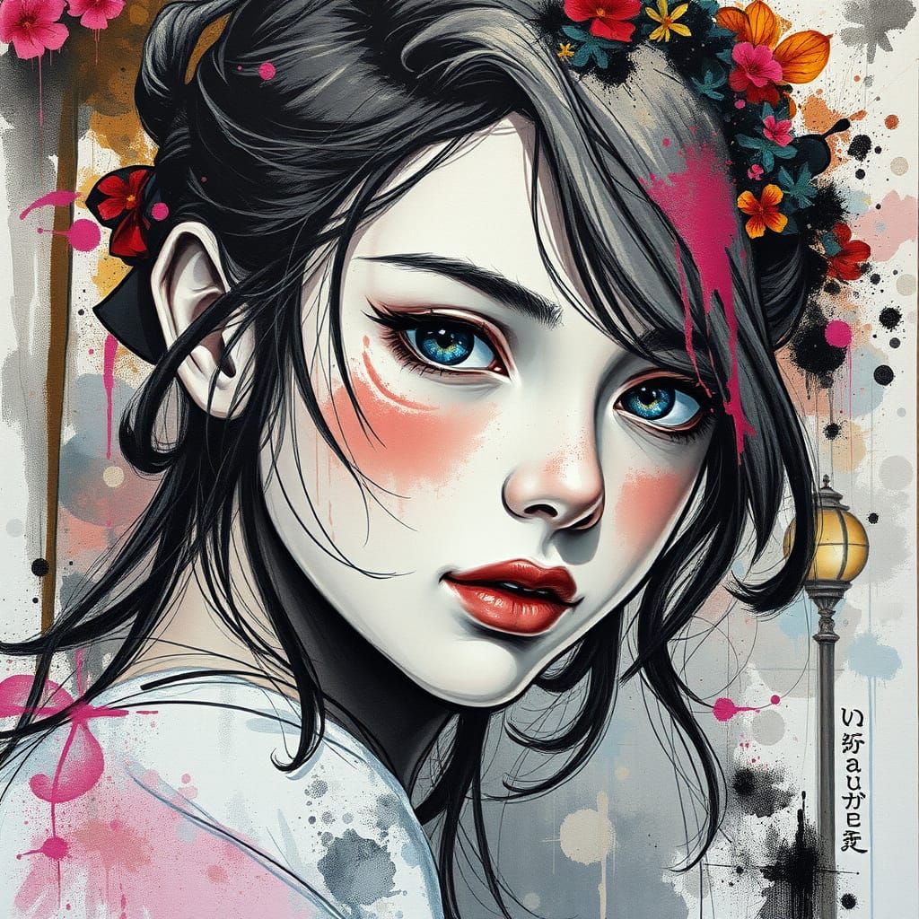 Anime Girl with Lilies in Detailed Gouache Style