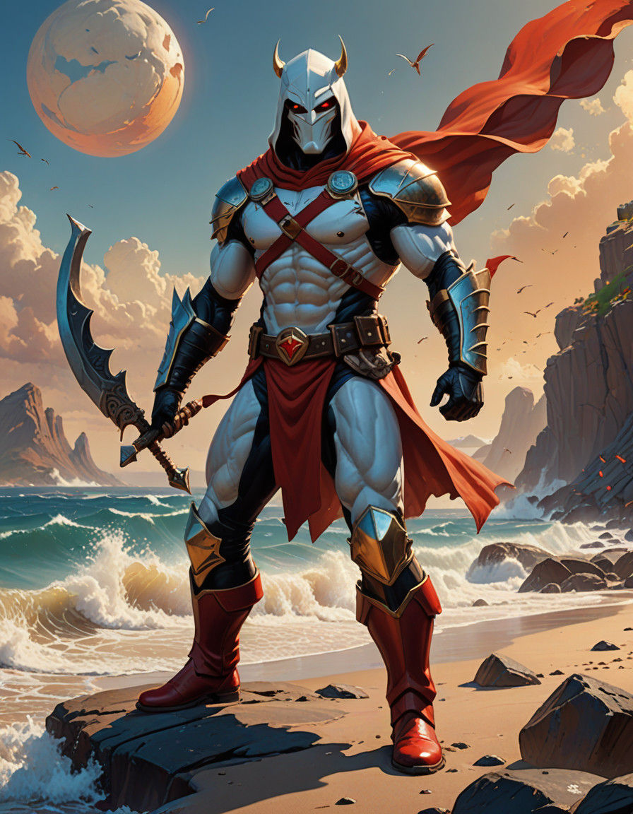 Heroic Manta Man Stands Tall on Rocky Beach, Red Emblem Glow...