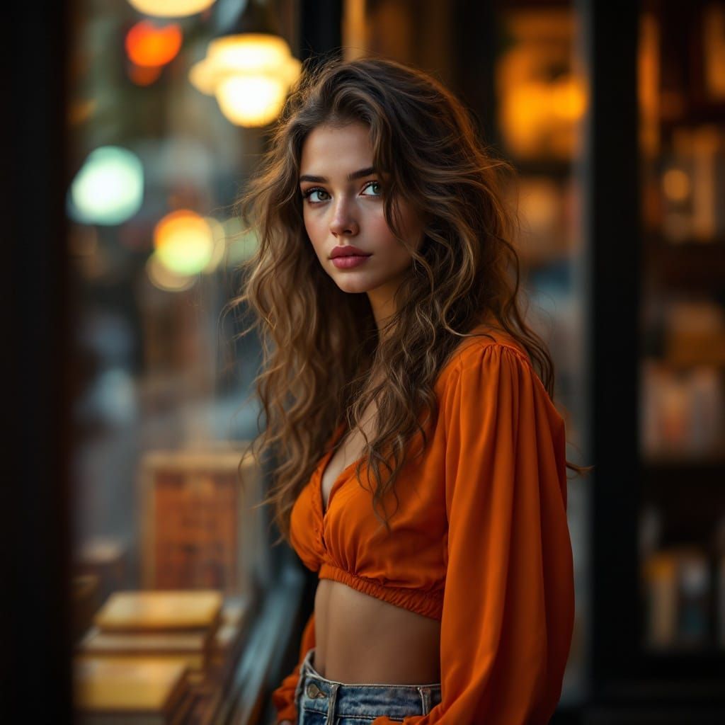Wistful Bookstore Encounter in a Warm Evening Light
