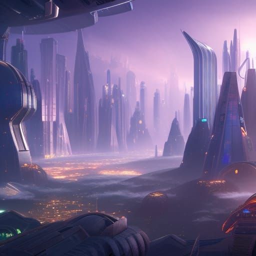 Futuristic Cityscape with Spaceship: Detailed Digital Art
