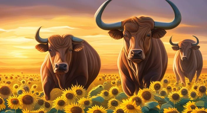 Bulls Charge Through Sunflowers at Golden Hour