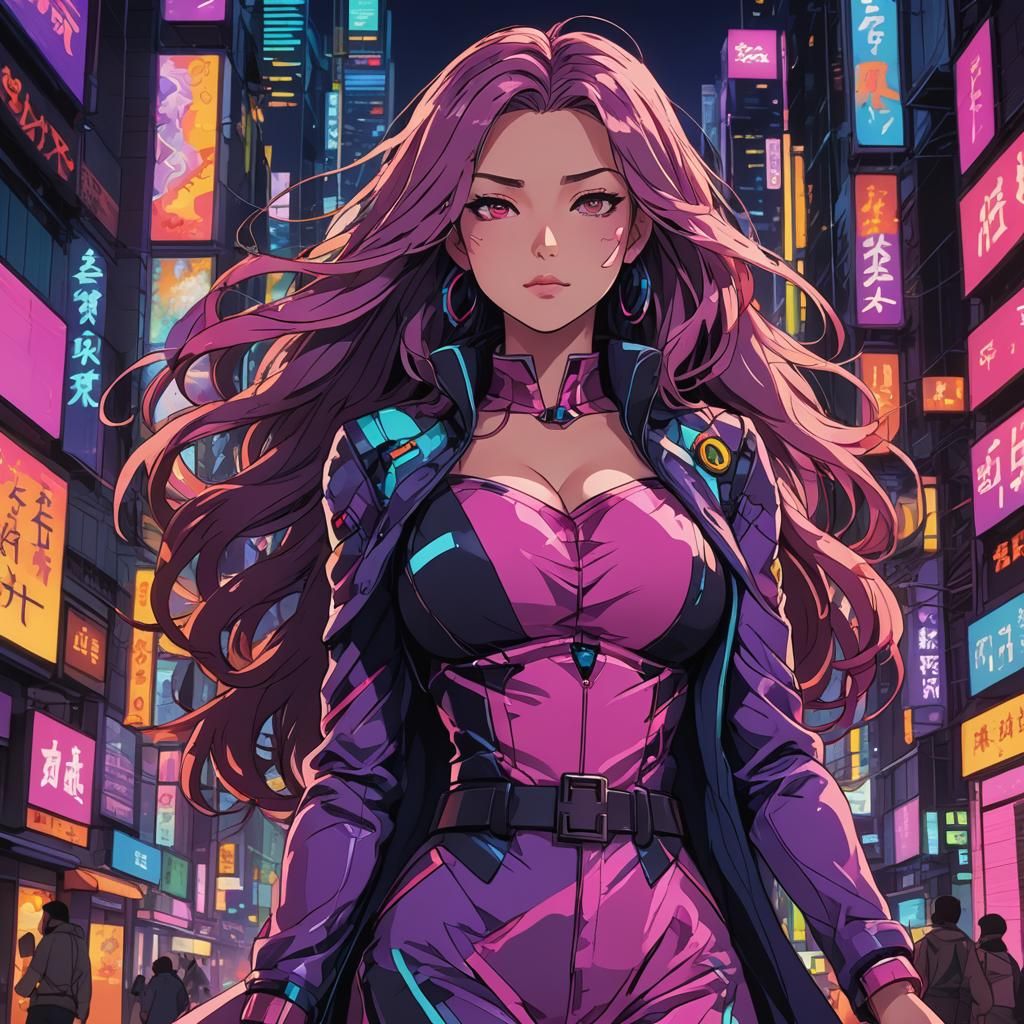 Confident Woman in Neon Cityscape: Anime Style