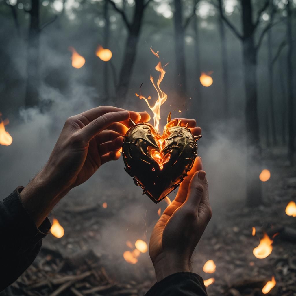 Hands Hold Fiery Heart in Cinematic Glow