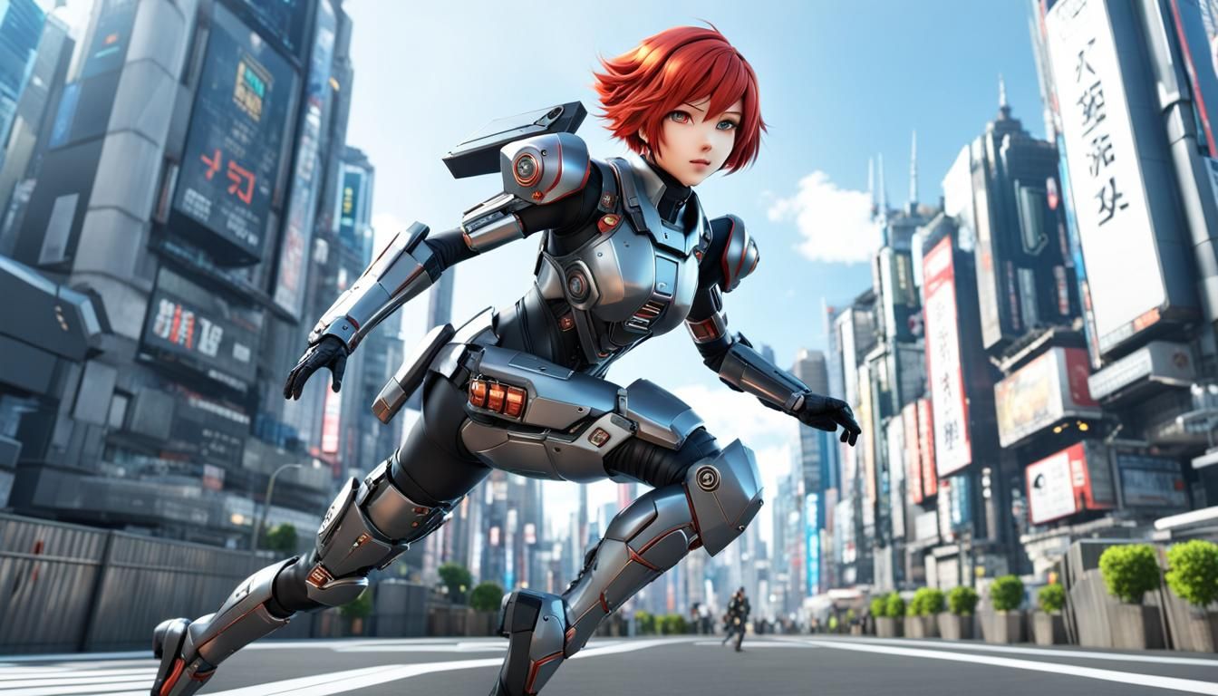 Anime Girl in Futuristic Combat Suit Running in City