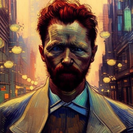 Van Gogh in a Futuristic City, Impasto Style