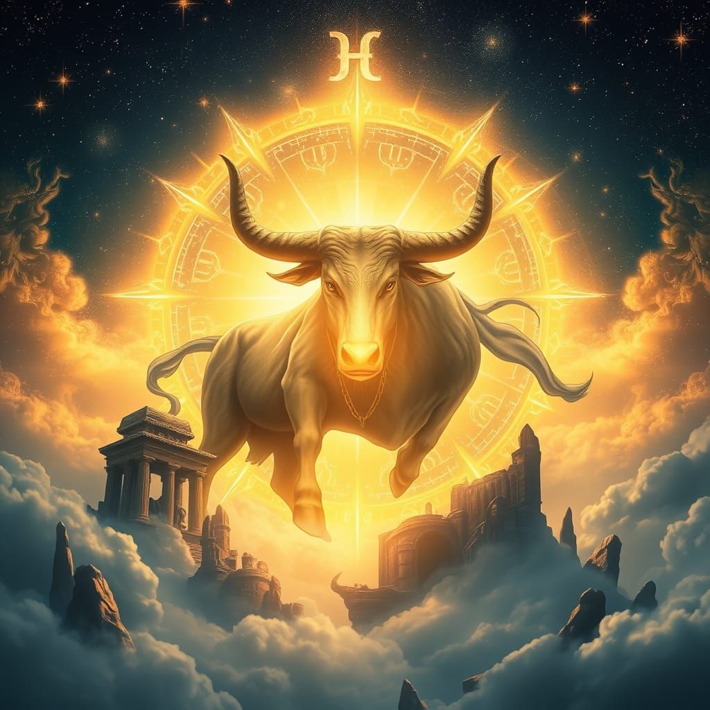 Cosmic Bull Spirit in Starry Sky with Shining Taurus Symbol