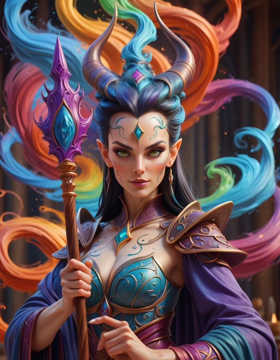 Sorceress Conjures Magical Paint Castle, Watercolor Style