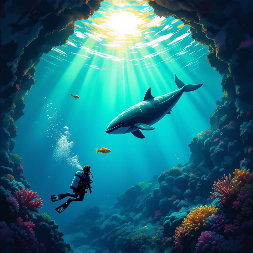 Whale and Fish Play in Sunlit Coral Depths