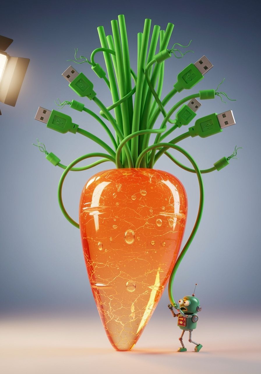 Gigantic Glass Carrot with USB Cables, Pixar-Dalí Style