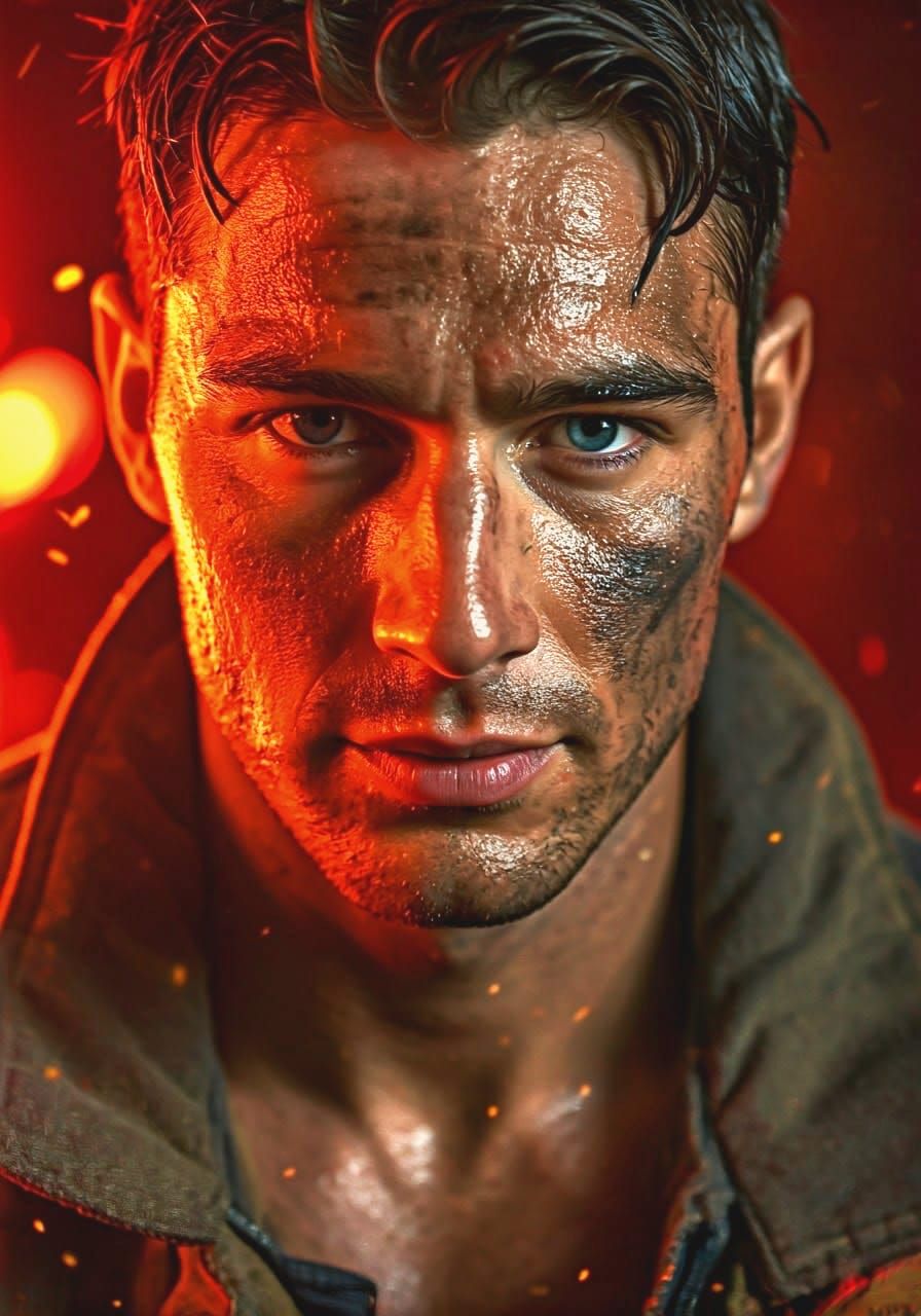 Heroic Firefighter Portrait in Dramatic Firelight