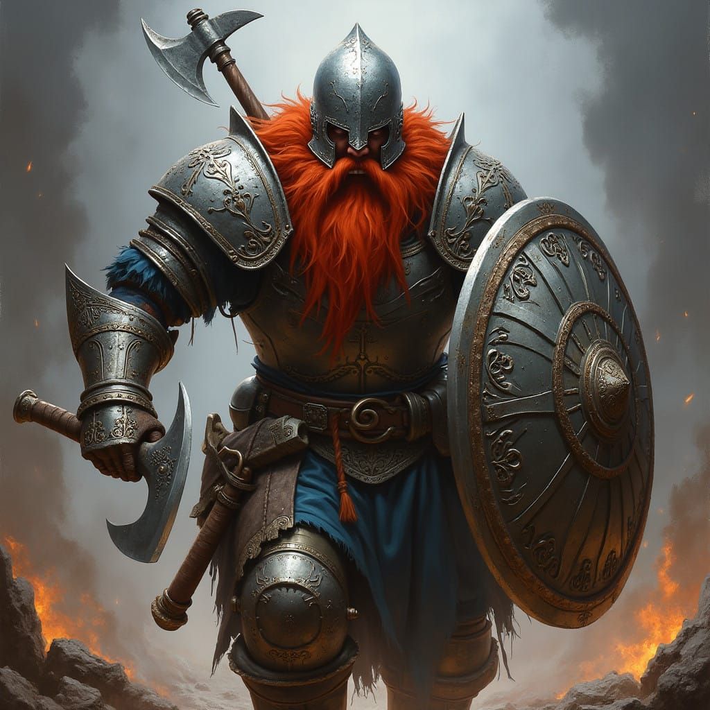 Fierce Dwarven Warrior in Dark Fantasy Battle