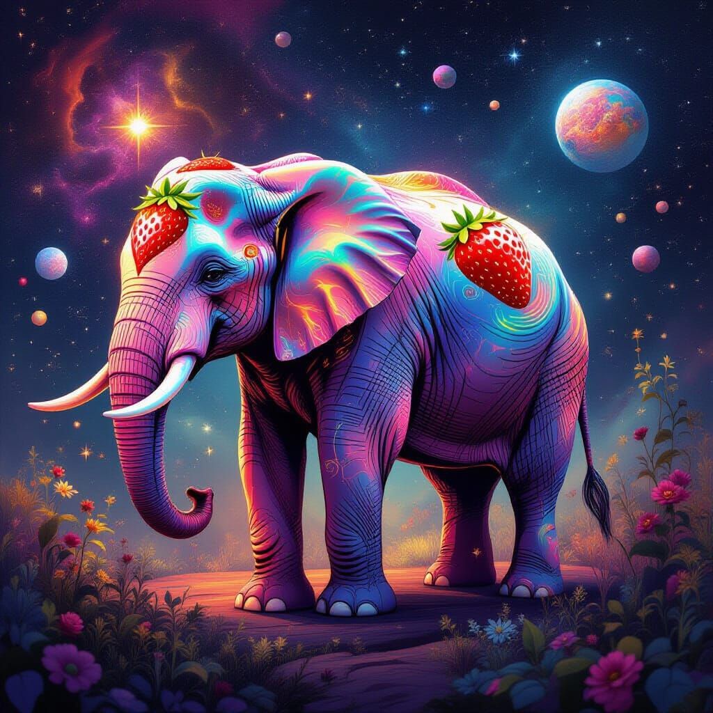 Cosmic Elephant Astral Illustration in Amaringo Style