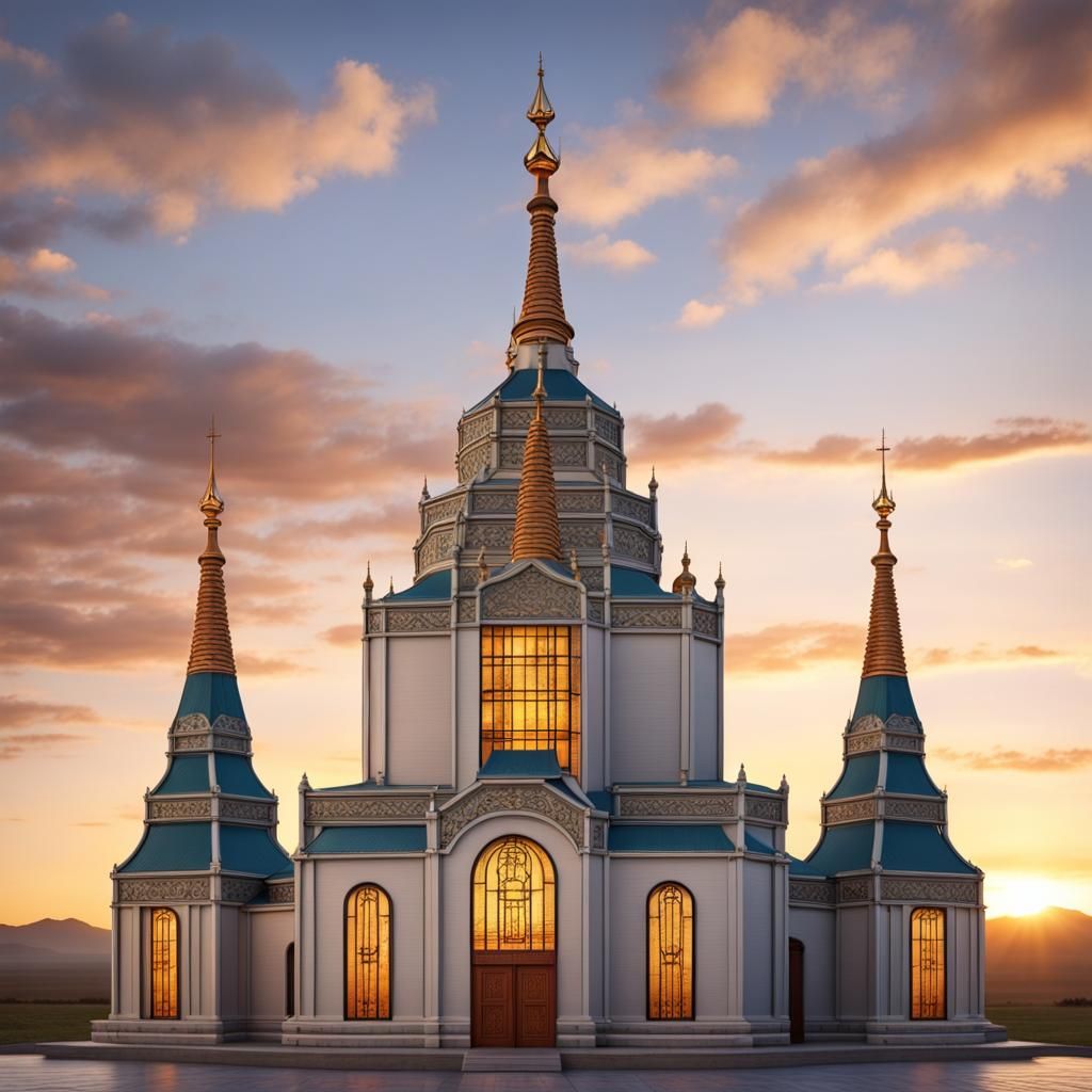 Mongolian LDS Temple at Sunset in Photorealistic Style