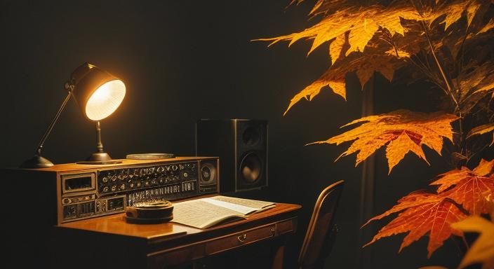 Vintage Microphone Surrounded by Autumn Leaves in Golden Lig...