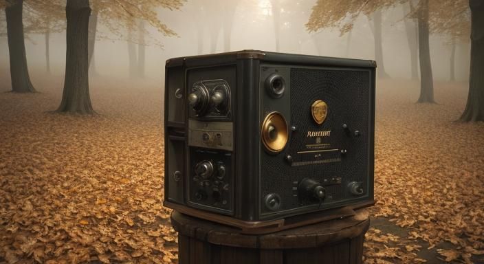 Vintage Microphone Surrounded by Autumn Leaves in Golden Lig...