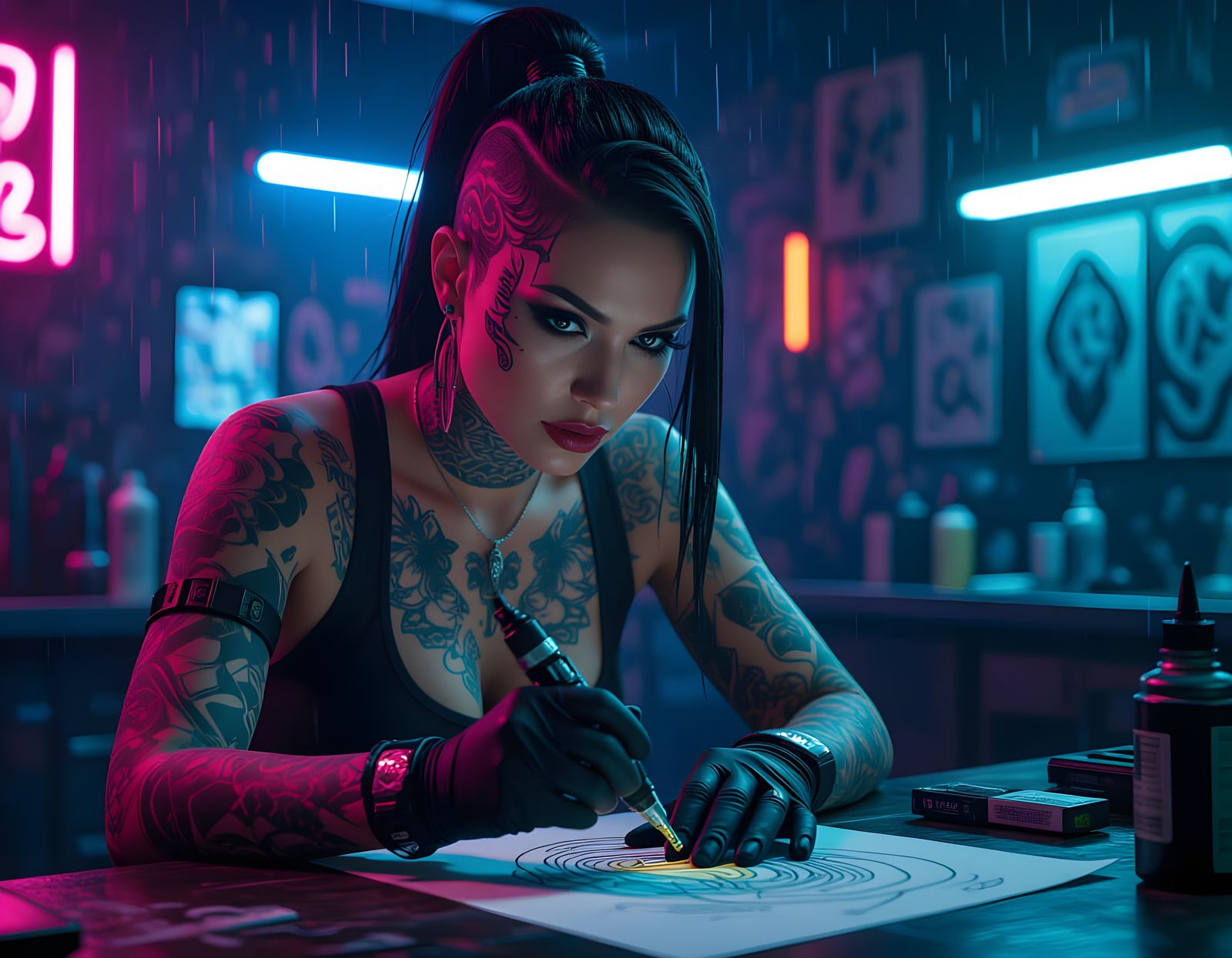 Cyberpunk Tattoo Artist at Work in Neon Parlor