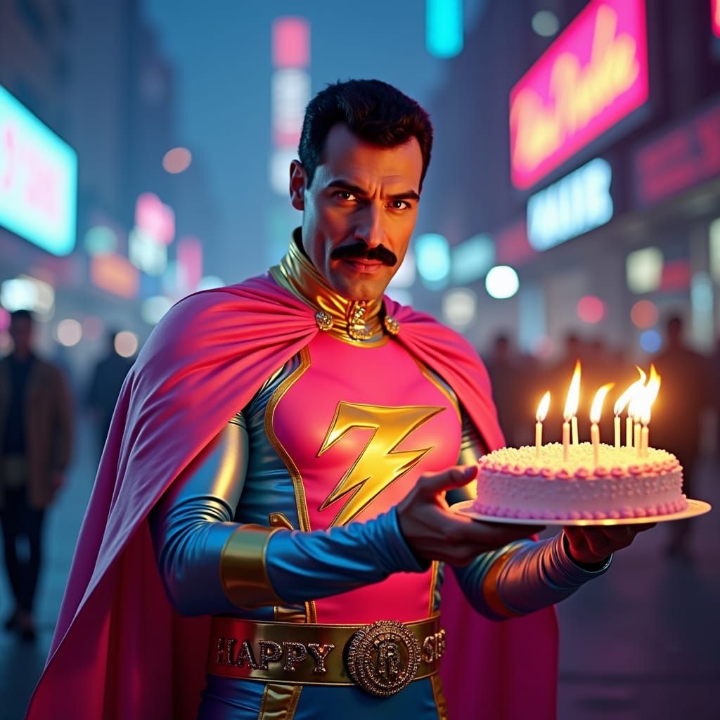 Freddie Mercury Superhero Carries Birthday Cake in Synthwave...