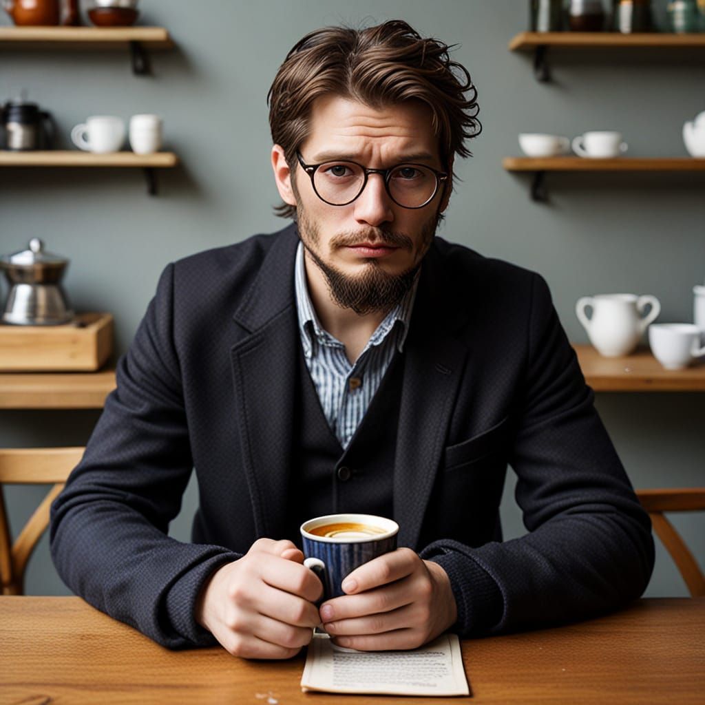 Brooding Han Hipster Sips Espresso
