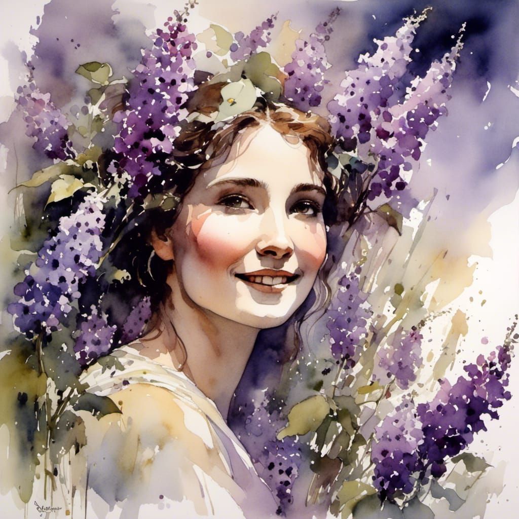 Smiling Summer Lady of Lilac in Watercolour Style
