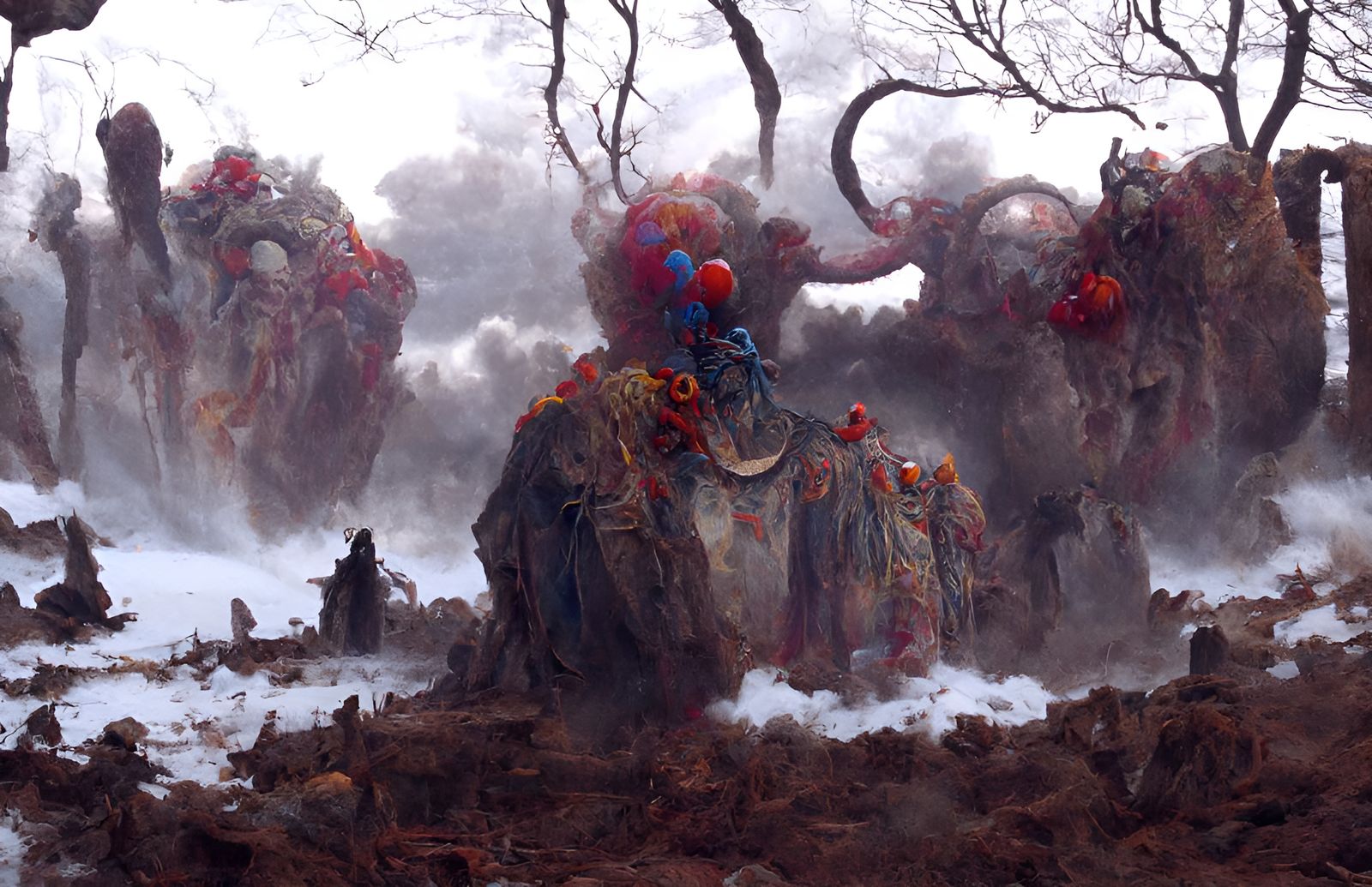 Lovecraftian clown demons emerge from clouds and mist at daw...