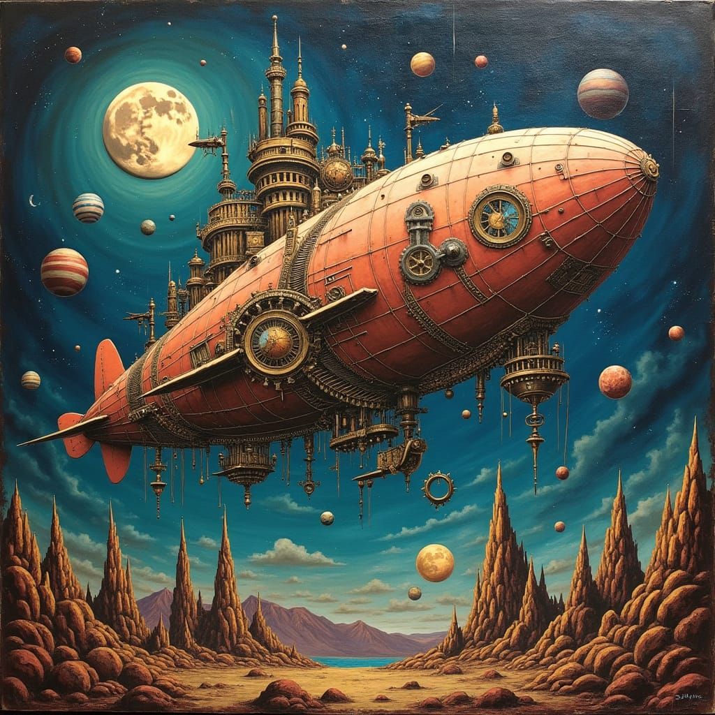 Steampunk Airship Over Psychedelic Encaustic City